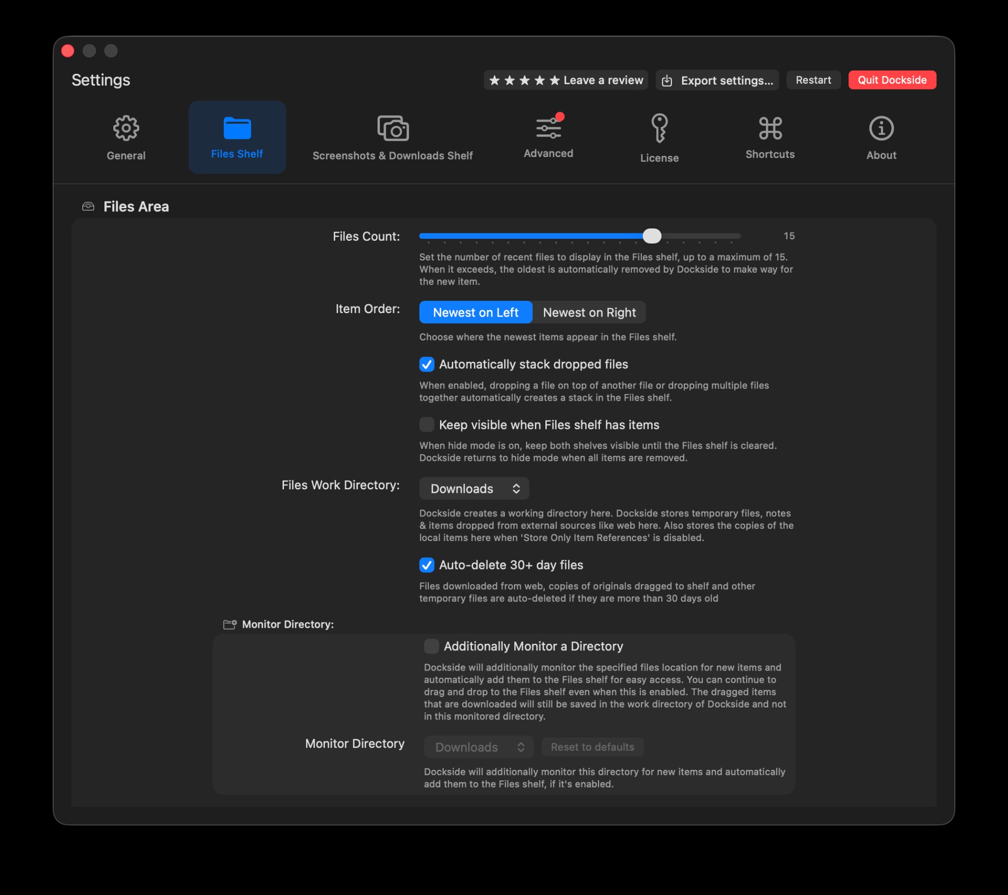Files Shelf Settings
