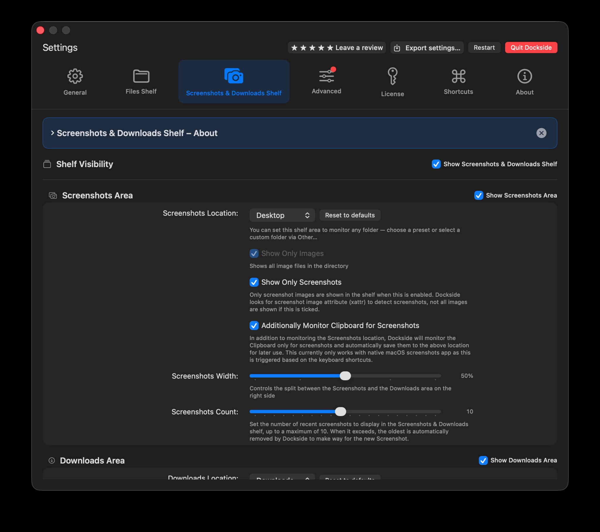 Screenshots & Downloads Shelf Settings